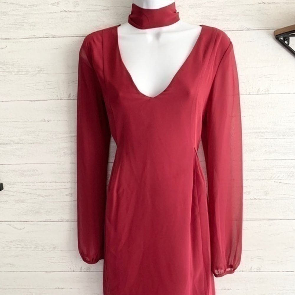 BCBG V-neck Dark Red Choker Dress